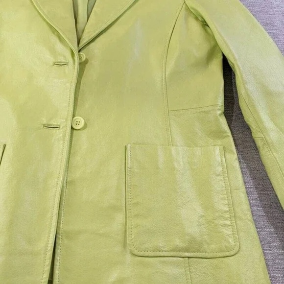 METROSTYLE Leather Jacket Blazer Lime Green Button Front Lined Size 10 Retro - Picture 3 of 13
